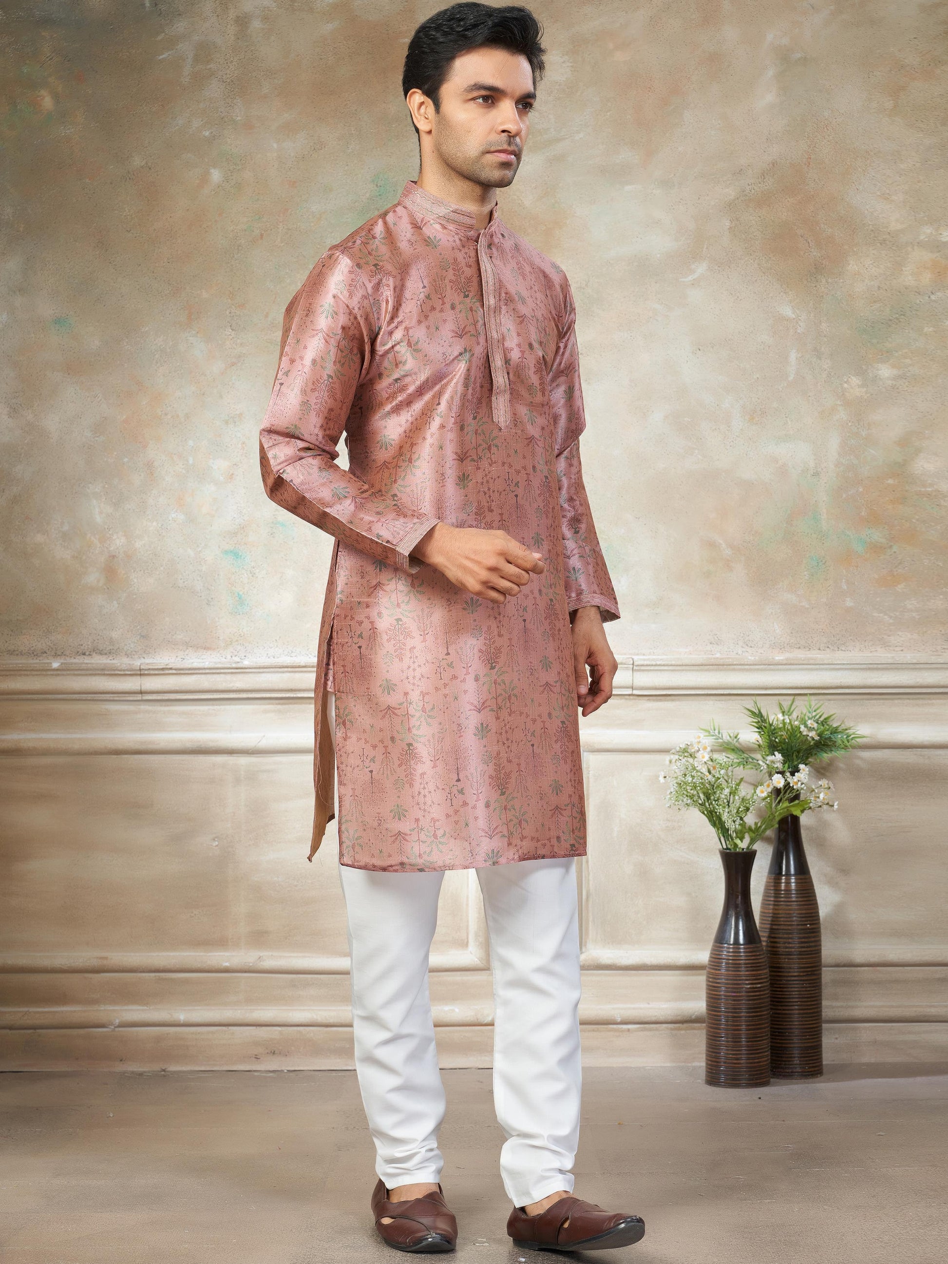 Remarkable Pink Digital Printed Silk Function Wear Men Kurta With Pant Set