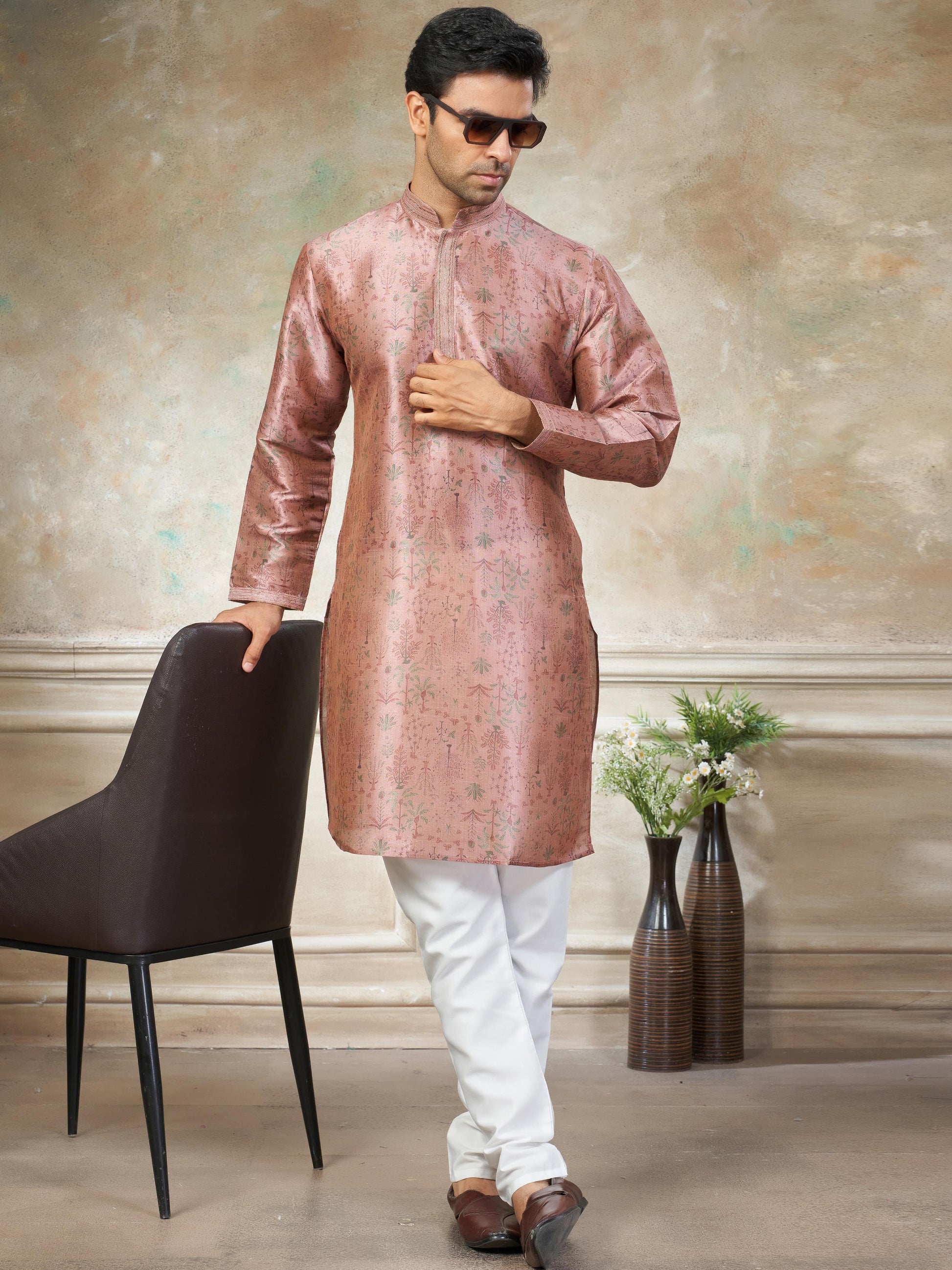 Remarkable Pink Digital Printed Silk Function Wear Men Kurta With Pant Set