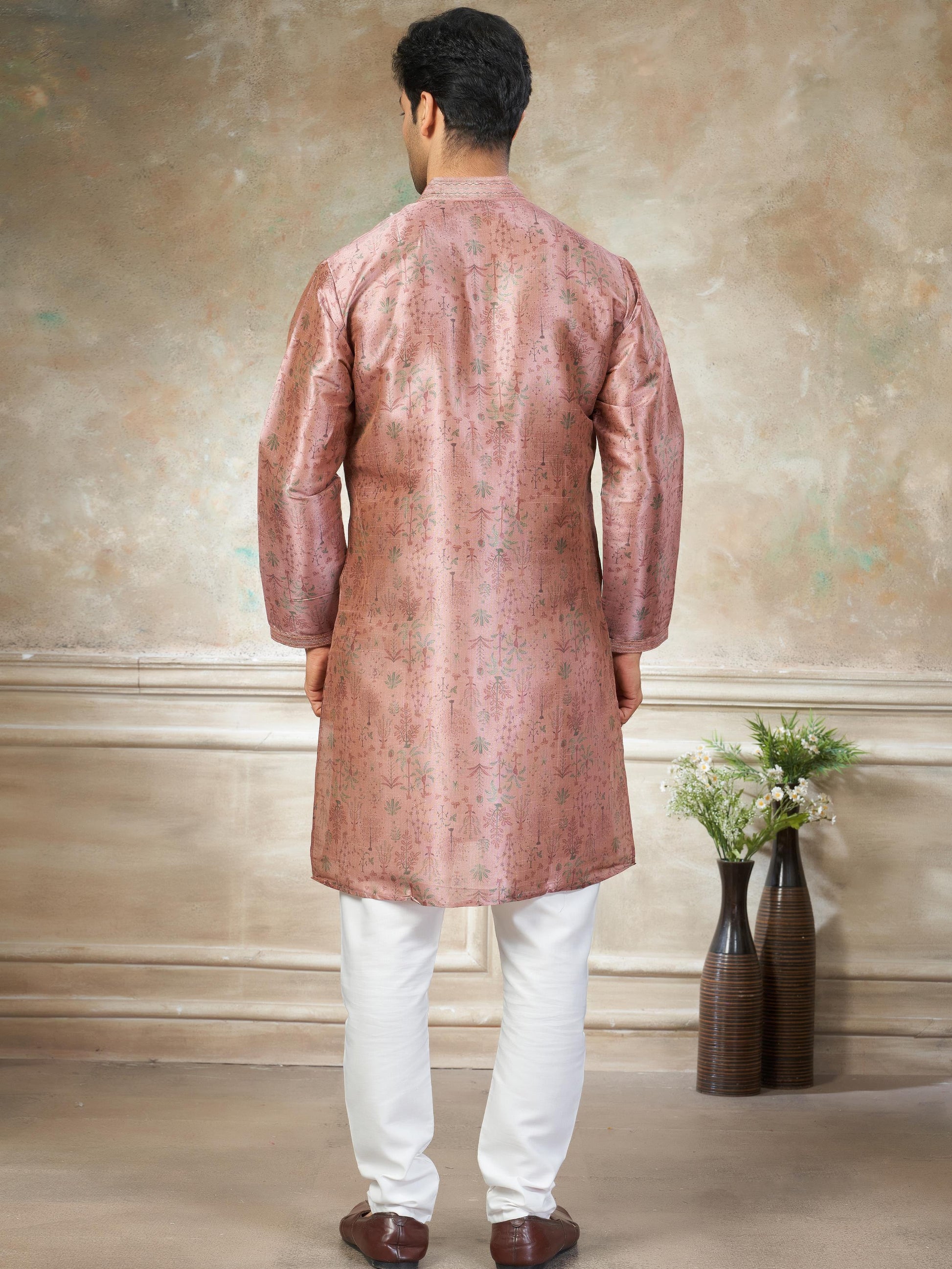 Remarkable Pink Digital Printed Silk Function Wear Men Kurta With Pant Set