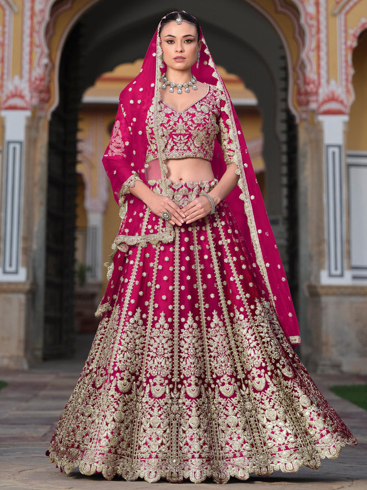 Remarkable Pink Zari Work Net Wedding Wear Lehenga Choli With Dupatta