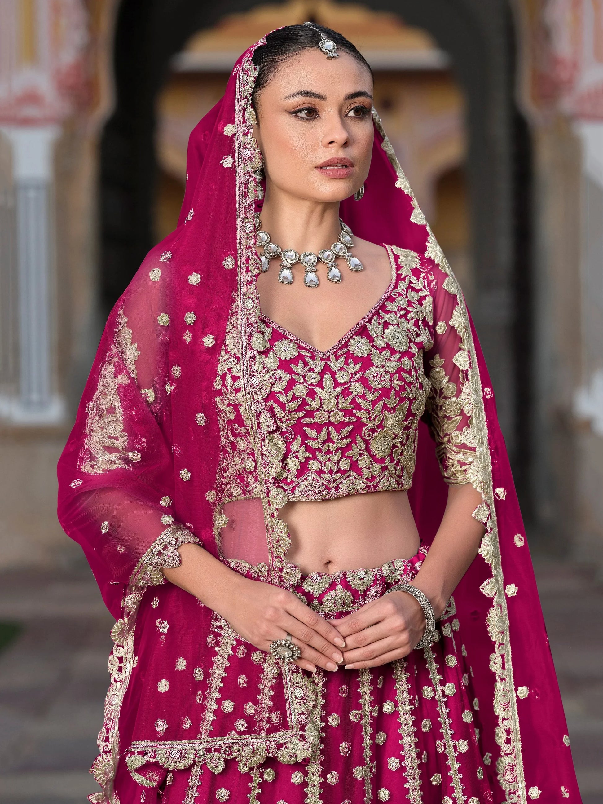 Remarkable Pink Zari Work Net Wedding Wear Lehenga Choli With Dupatta