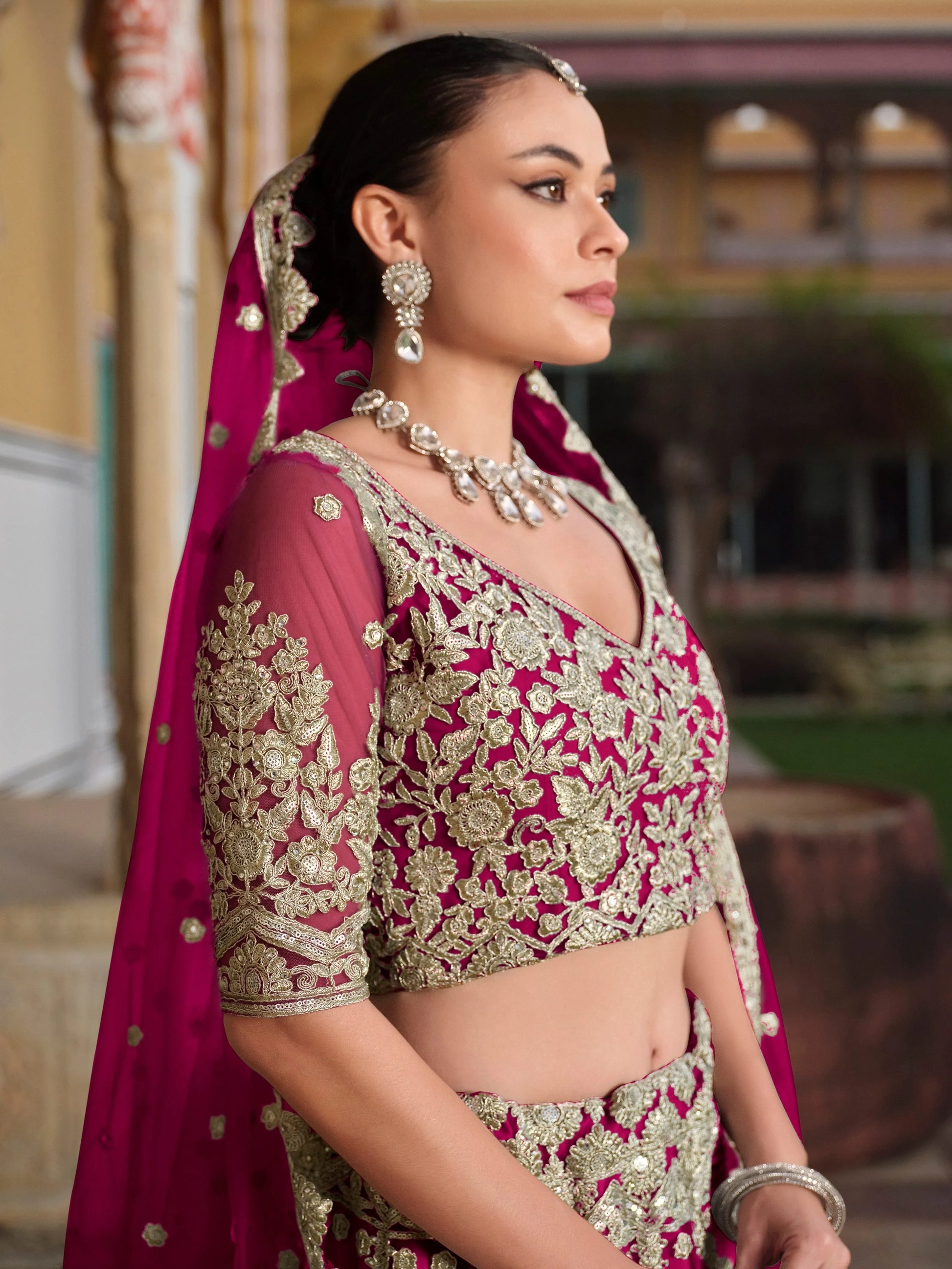 Remarkable Pink Zari Work Net Wedding Wear Lehenga Choli With Dupatta