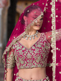 Remarkable Pink Zari Work Net Wedding Wear Lehenga Choli With Dupatta