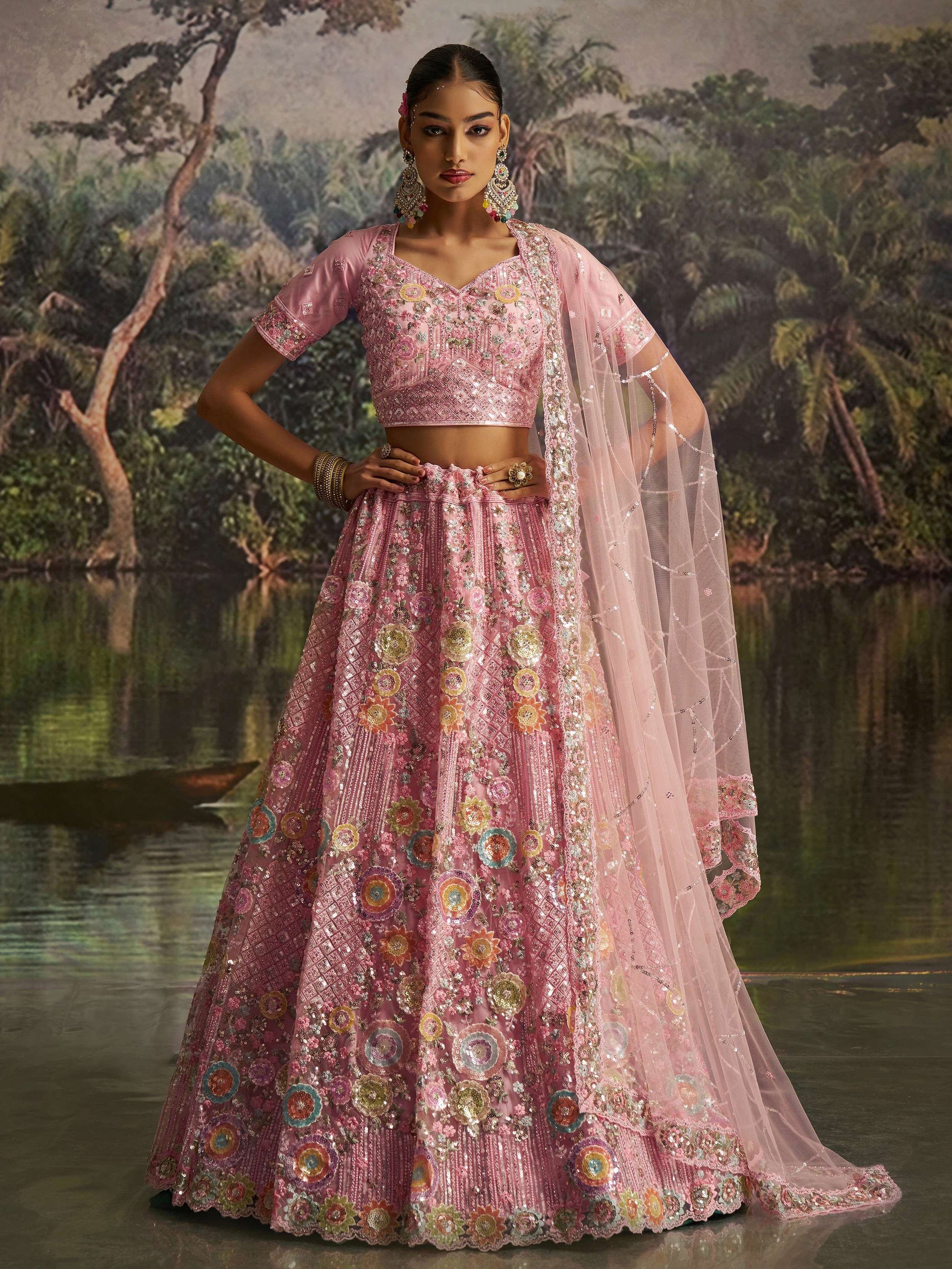 Remarkable Pink Zarkan Embroidered Net Bridesmaid Lehenga Choli