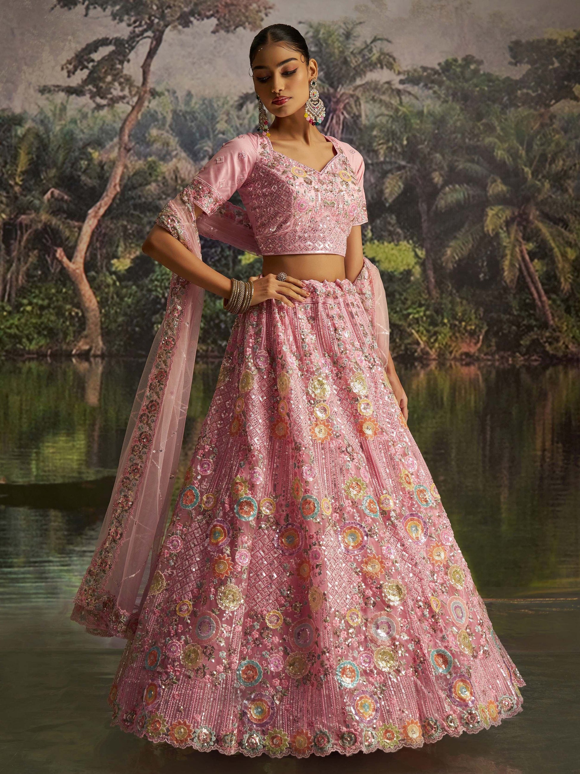 Remarkable Pink Zarkan Embroidered Net Bridesmaid Lehenga Choli