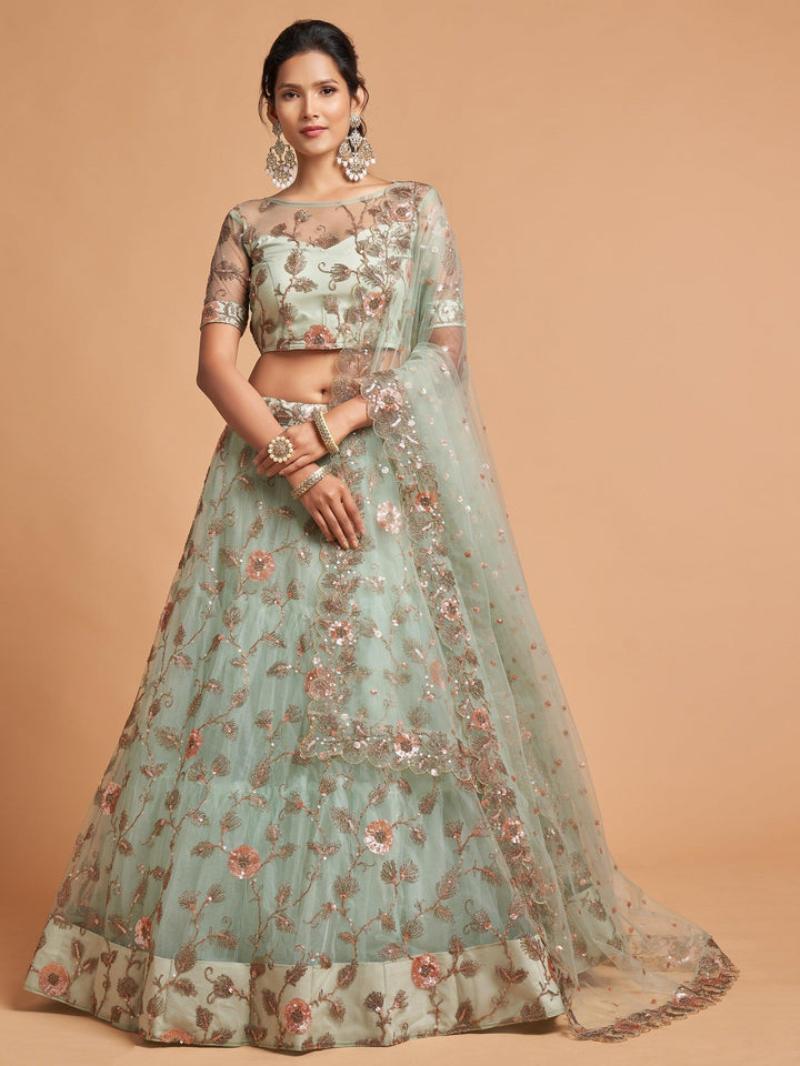 Remarkable Pista Green Thread Net Party Wear Lehenga Choli