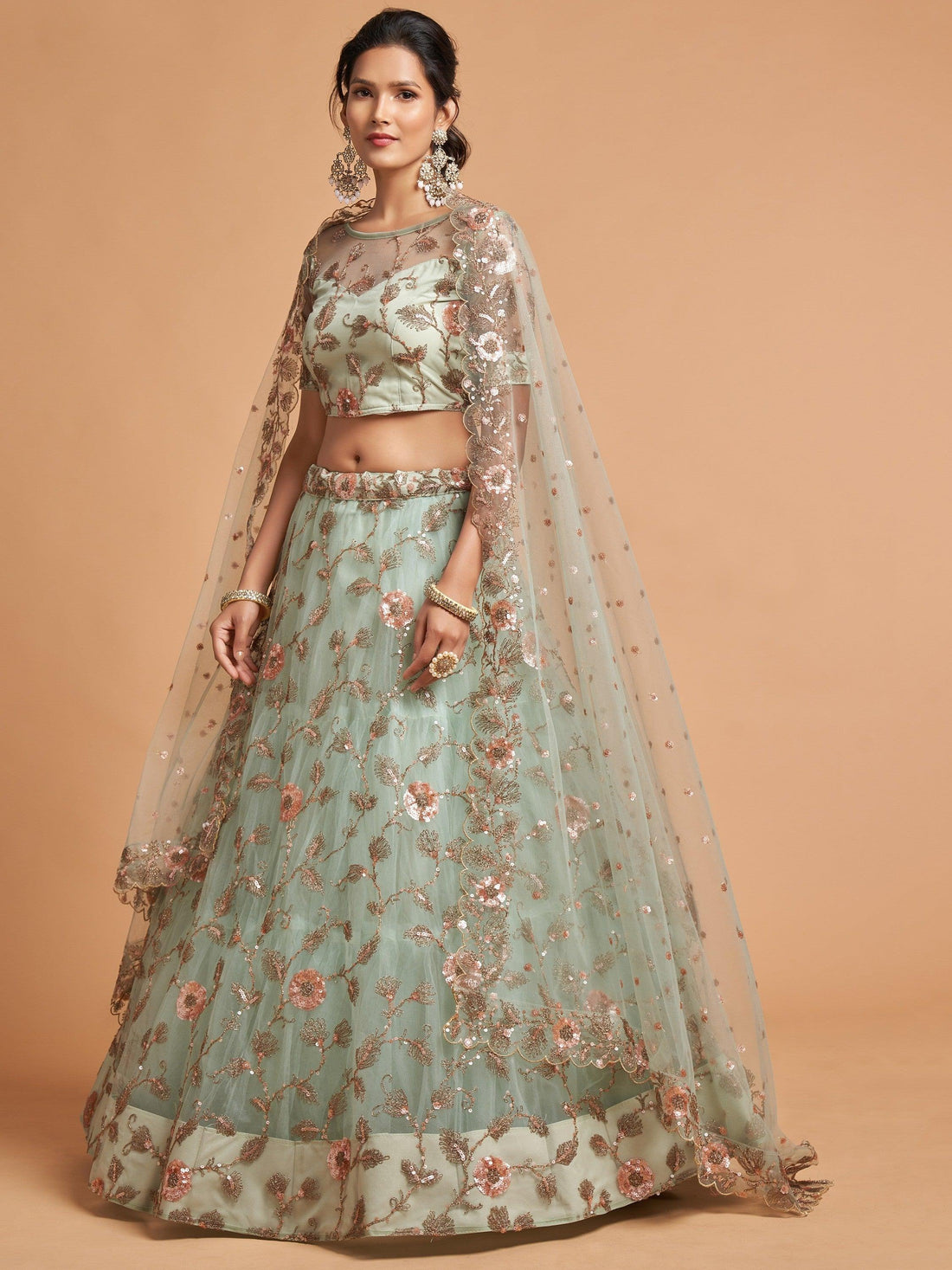 Remarkable Pista Green Thread Net Party Wear Lehenga Choli