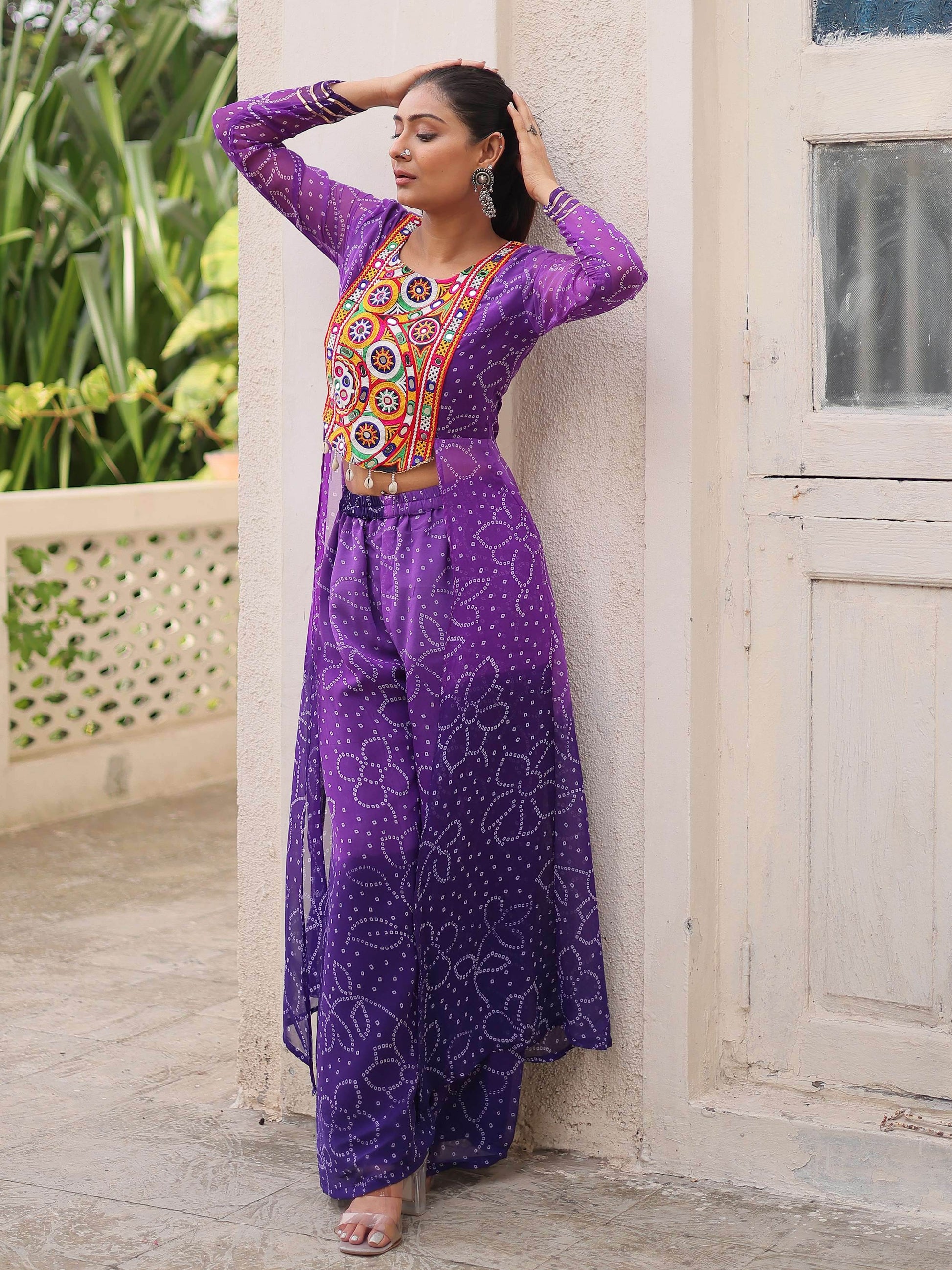 Remarkable Purple Kutchi Gamthi Patch Work Georgette Co-Ord Set - Zeel Clothing
