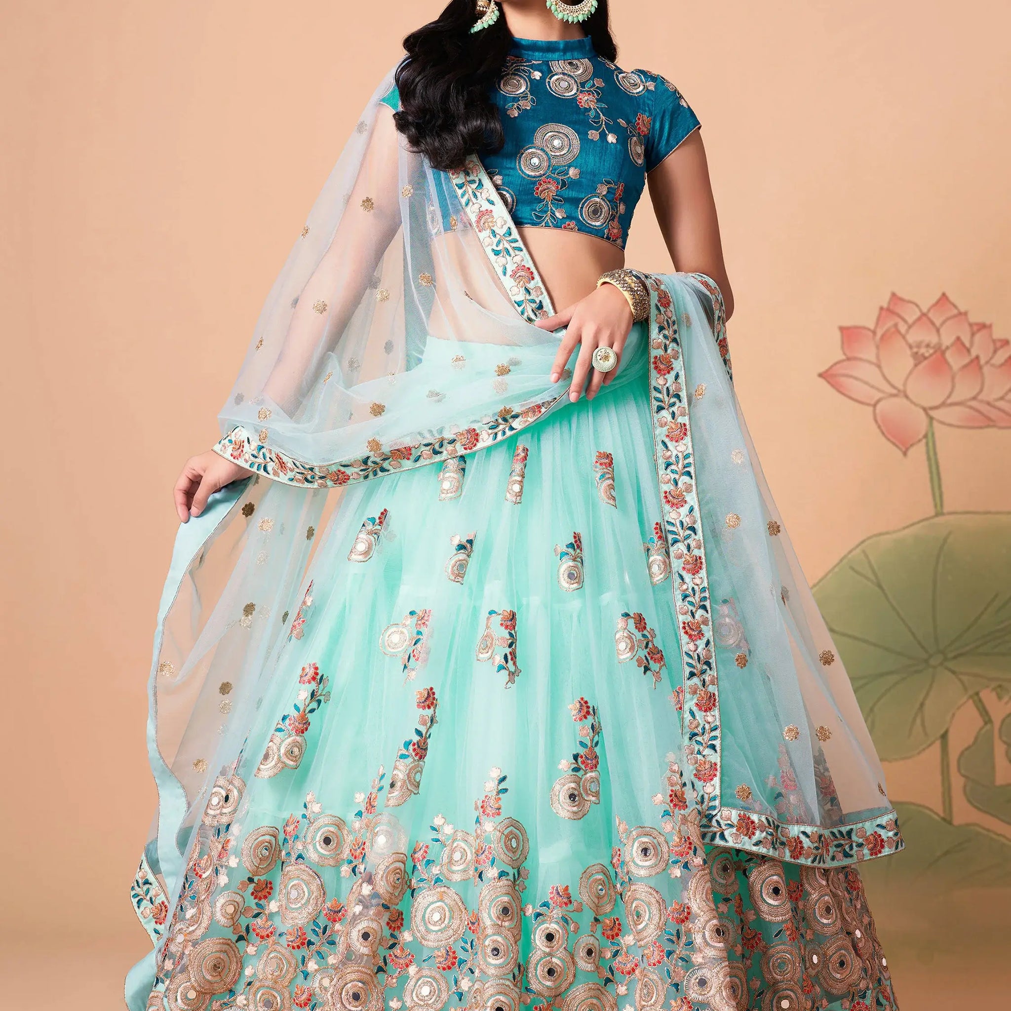 Remarkable Sky Blue Mirror Work Net Reception Wear Lehenga Choli - Zeel Clothing