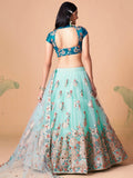 Remarkable Sky Blue Mirror Work Net Reception Wear Lehenga Choli - Zeel Clothing