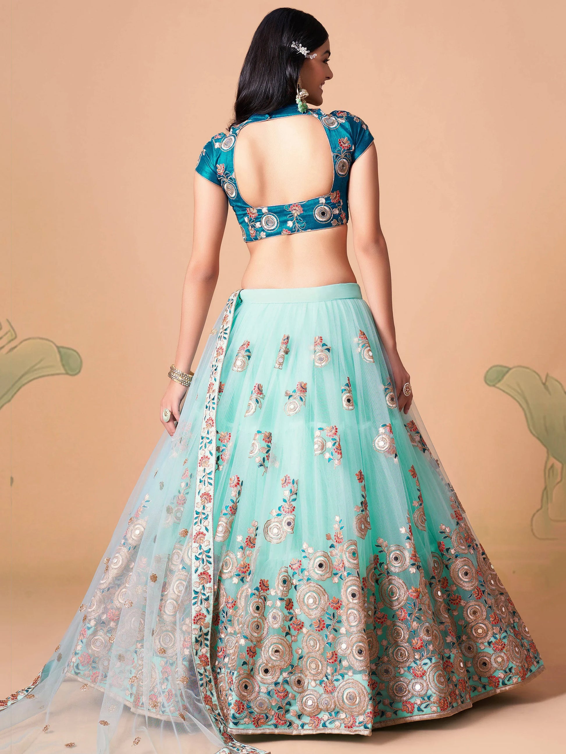 Remarkable Sky Blue Mirror Work Net Reception Wear Lehenga Choli - Zeel Clothing
