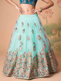 Remarkable Sky Blue Mirror Work Net Reception Wear Lehenga Choli - Zeel Clothing