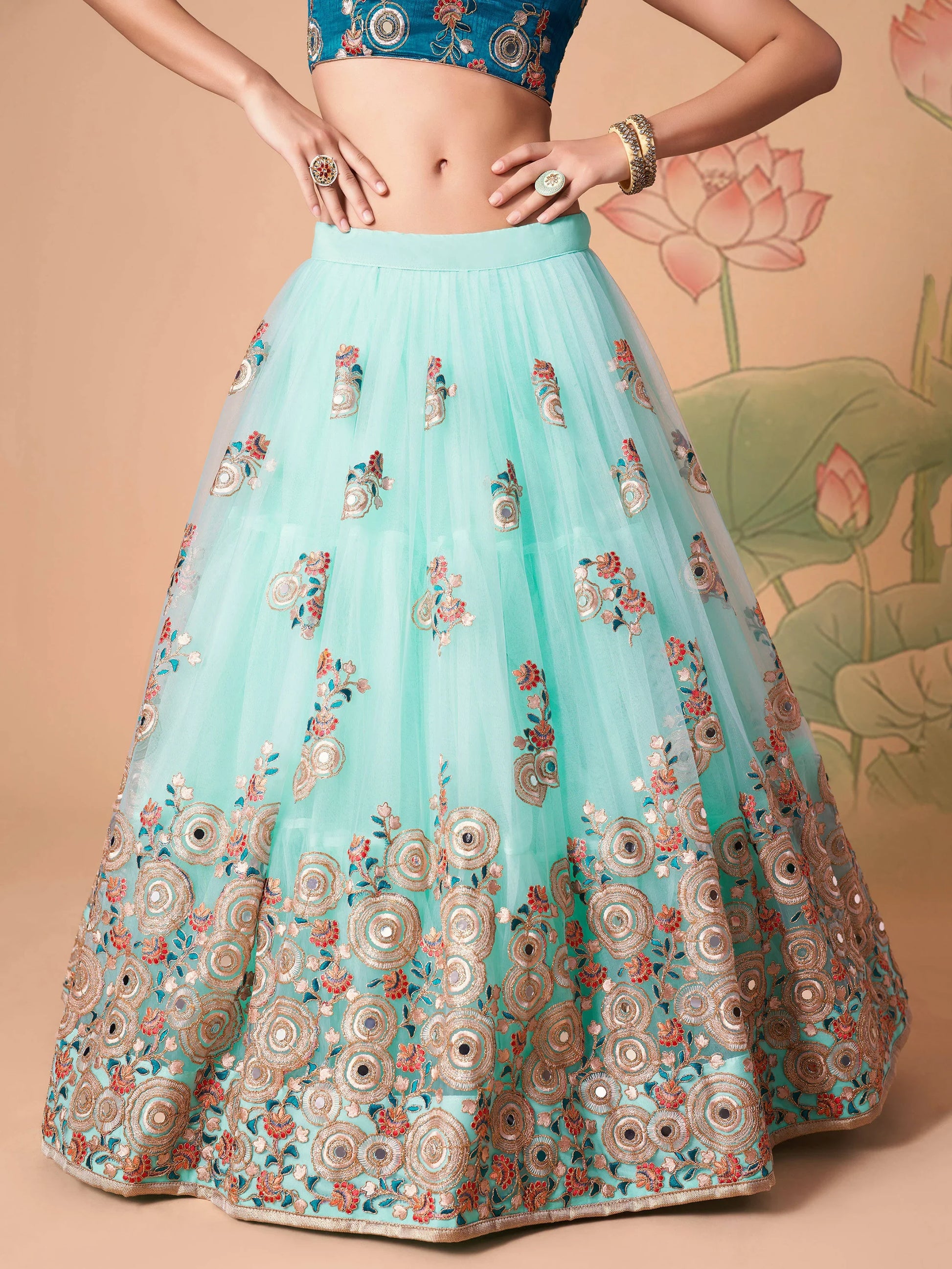 Remarkable Sky Blue Mirror Work Net Reception Wear Lehenga Choli - Zeel Clothing