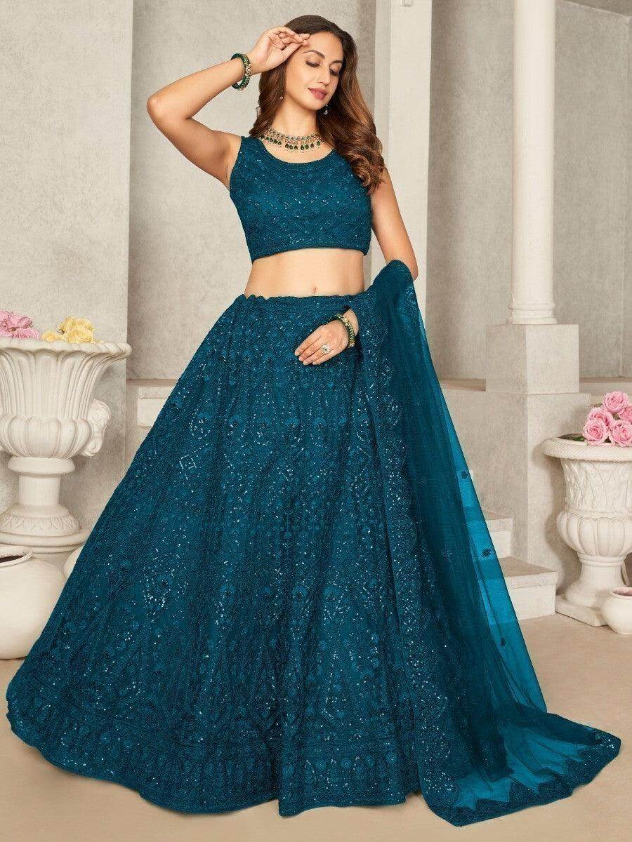 Remarkable Teal Blue Sequins Net Lehenga Choli With Dupatta - Zeel Clothing