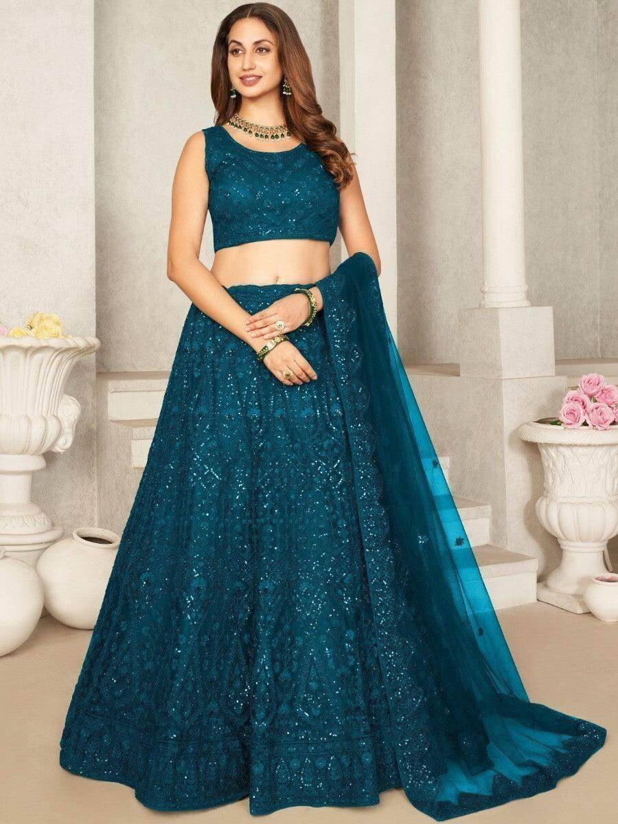 Remarkable Teal Blue Sequins Net Lehenga Choli With Dupatta - Zeel Clothing