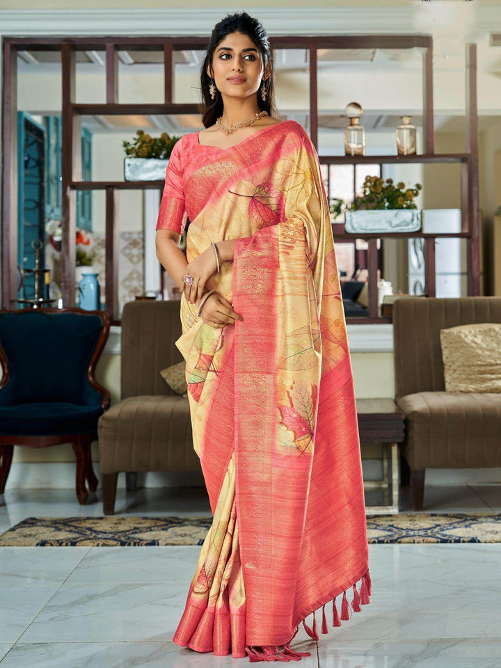 Remarkable Yellow Digital Printed Silk Traditional Saree With Blouse - Zeel Clothing