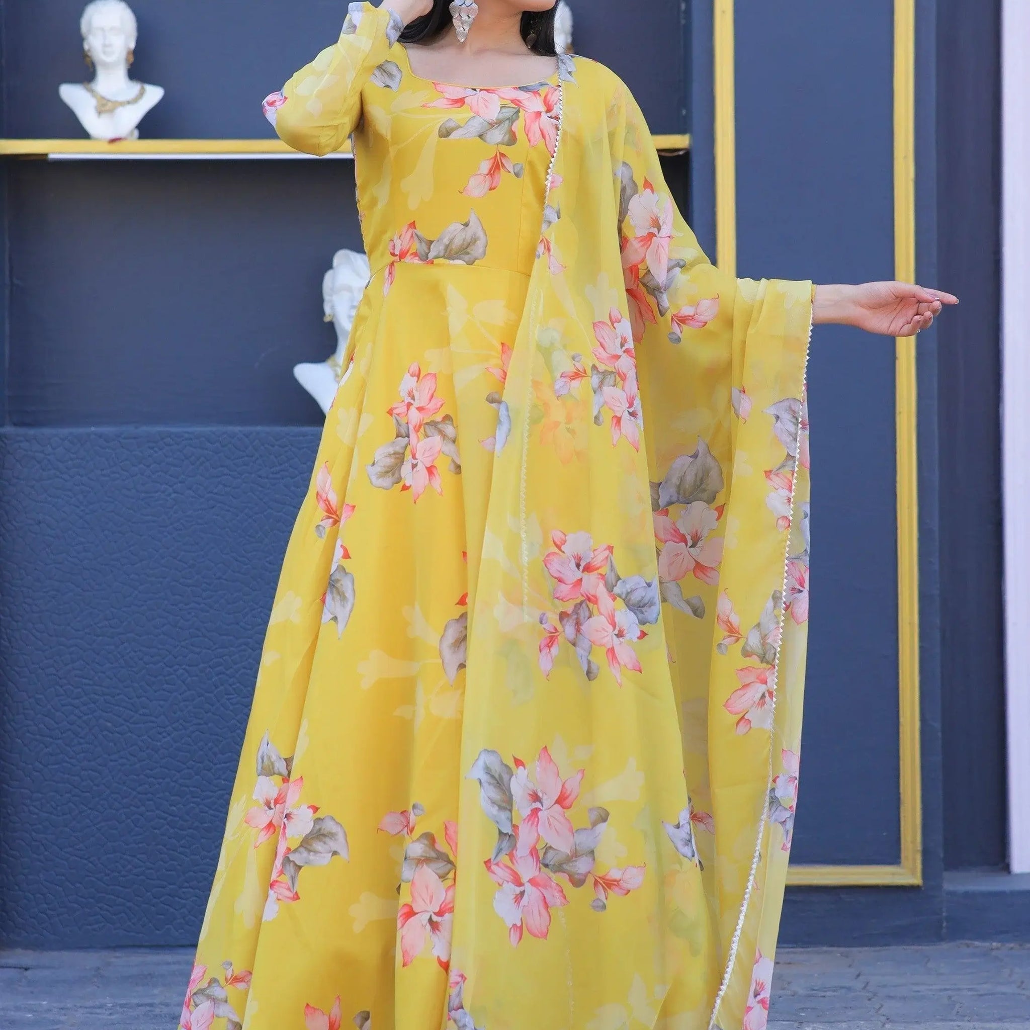 Remarkable Yellow Floral Printed Silk Traditional Gown With Dupatta - Zeel Clothing