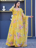 Remarkable Yellow Floral Printed Silk Traditional Gown With Dupatta - Zeel Clothing