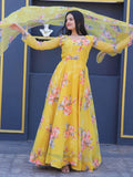 Remarkable Yellow Floral Printed Silk Traditional Gown With Dupatta - Zeel Clothing