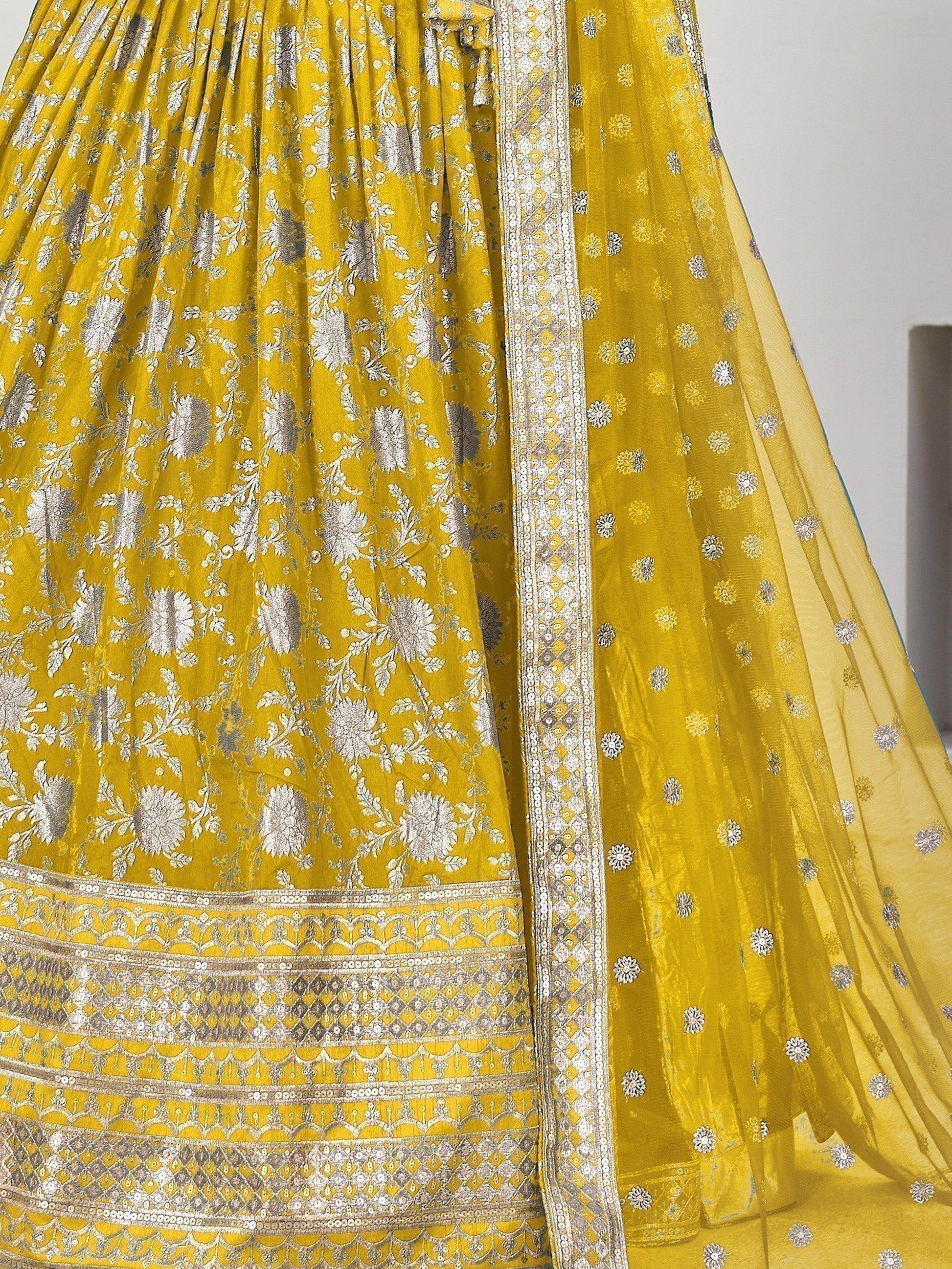 Remarkable Yellow Zari Work Jacquard Haldi Wear Lehenga Choli - Zeel Clothing