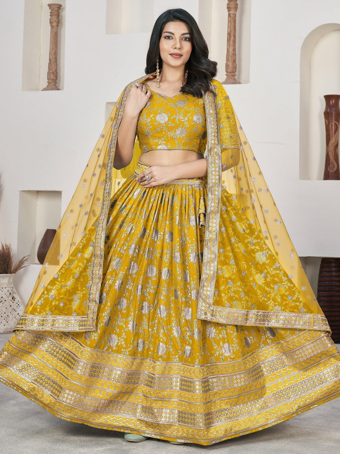 Remarkable Yellow Zari Work Jacquard Haldi Wear Lehenga Choli