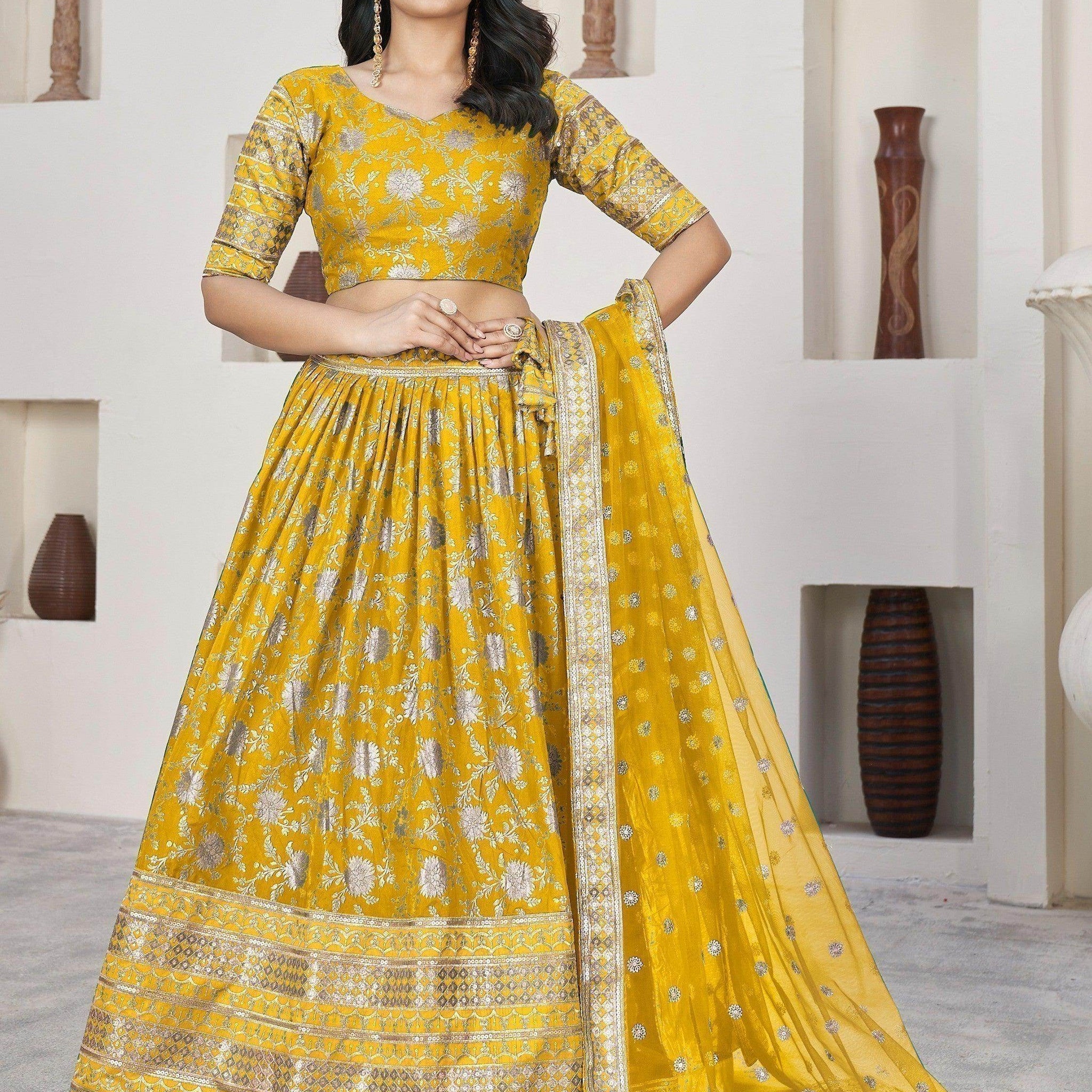 Remarkable Yellow Zari Work Jacquard Haldi Wear Lehenga Choli - Zeel Clothing