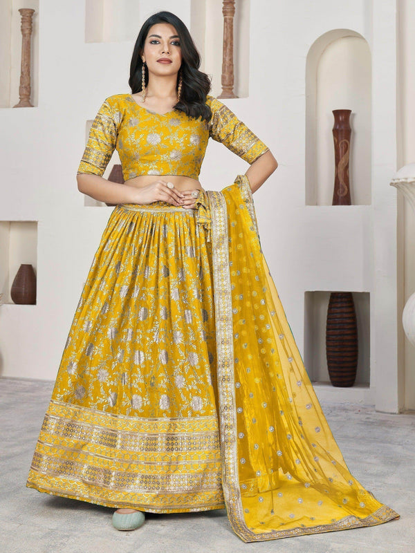 Remarkable Yellow Zari Work Jacquard Haldi Wear Lehenga Choli - Zeel Clothing
