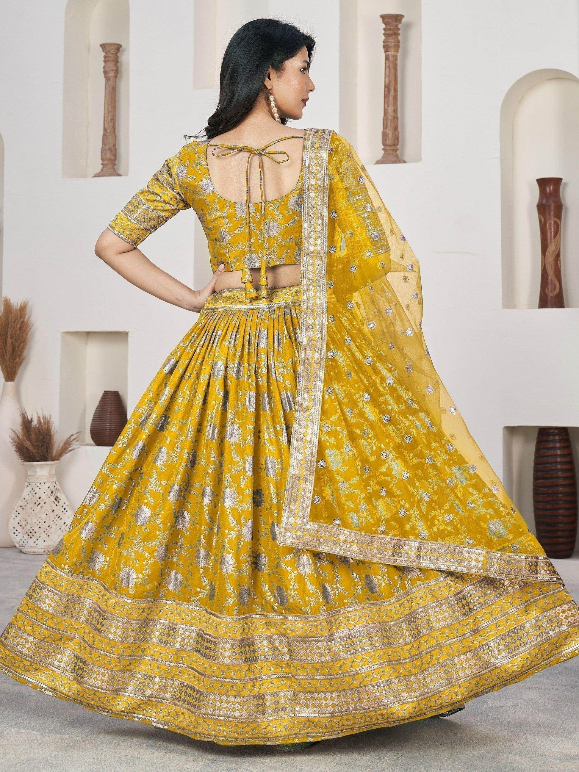 Remarkable Yellow Zari Work Jacquard Haldi Wear Lehenga Choli - Zeel Clothing