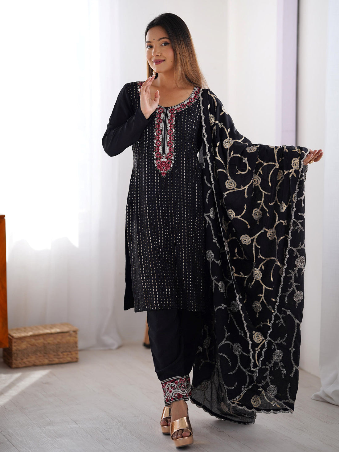 Rich Black Sequins Chinon Festive Wear Pant Suit With Dupatta - Zeel Clothing