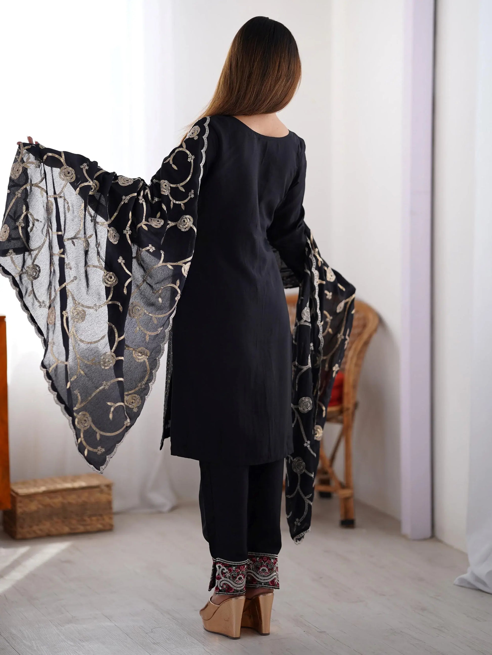 Rich Black Sequins Chinon Festive Wear Pant Suit With Dupatta - Zeel Clothing