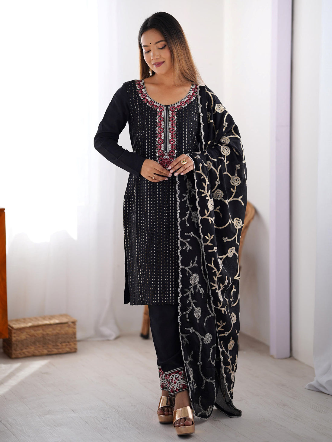 Rich Black Sequins Chinon Festive Wear Pant Suit With Dupatta - Zeel Clothing