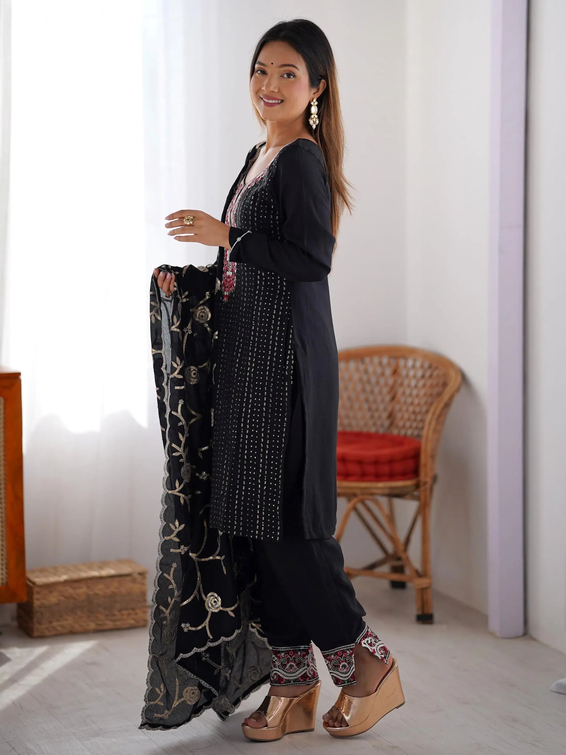 Rich Black Sequins Chinon Festive Wear Pant Suit With Dupatta - Zeel Clothing