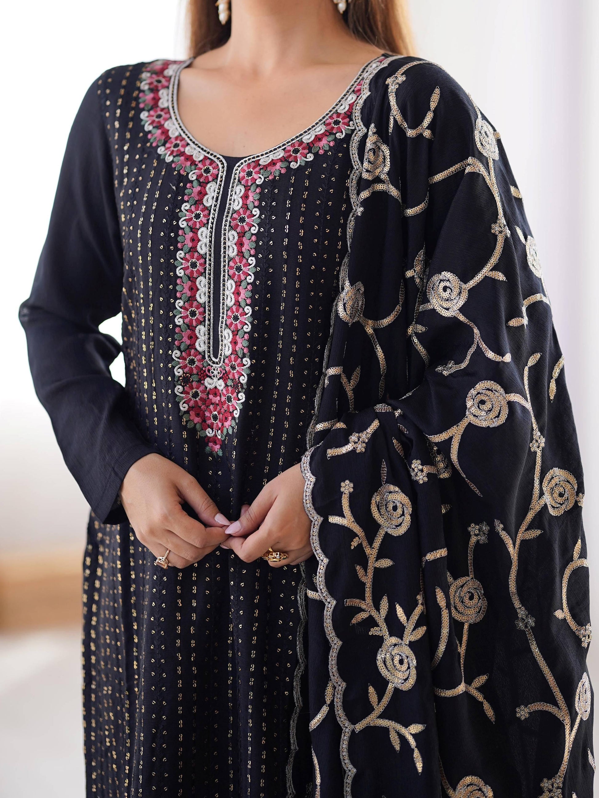 Rich Black Sequins Chinon Festive Wear Pant Suit With Dupatta - Zeel Clothing