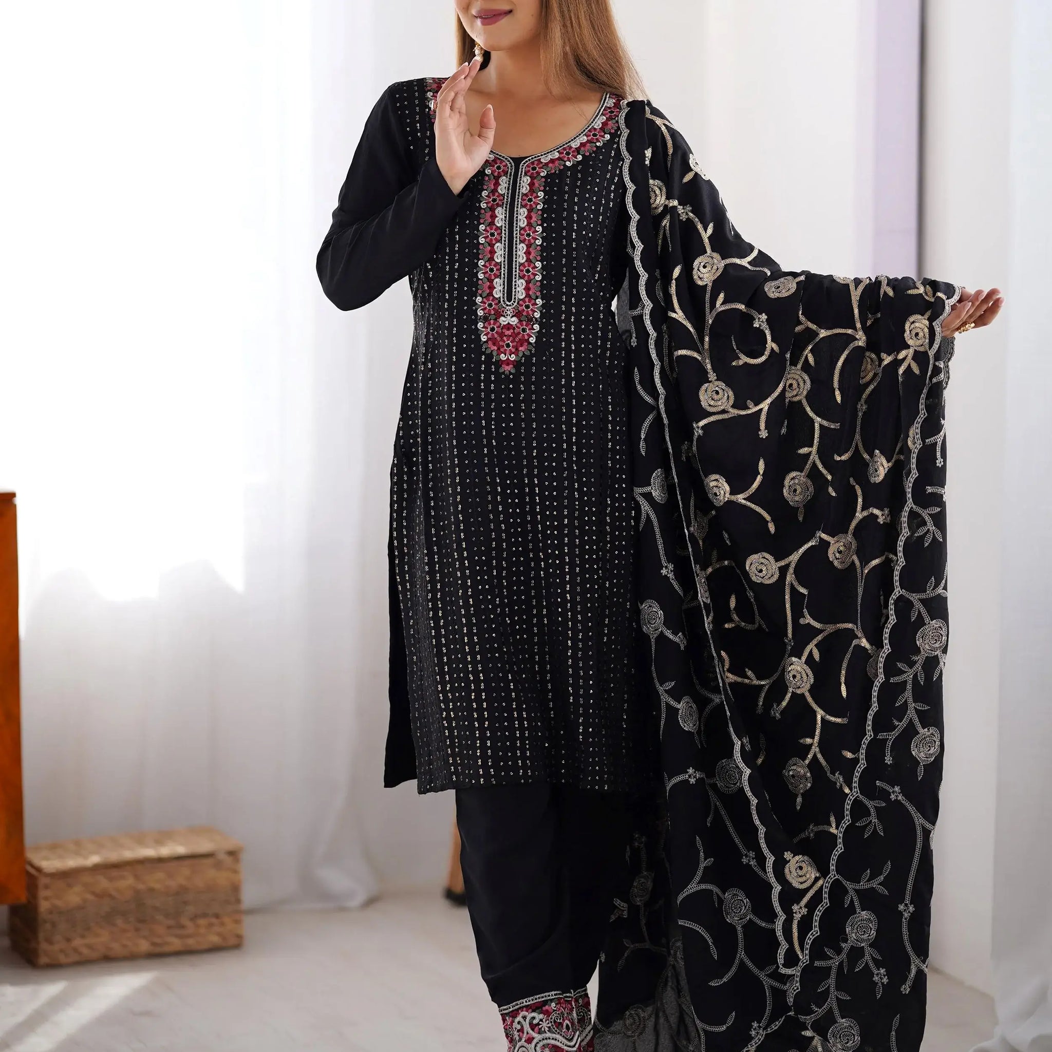 Rich Black Sequins Chinon Festive Wear Pant Suit With Dupatta - Zeel Clothing
