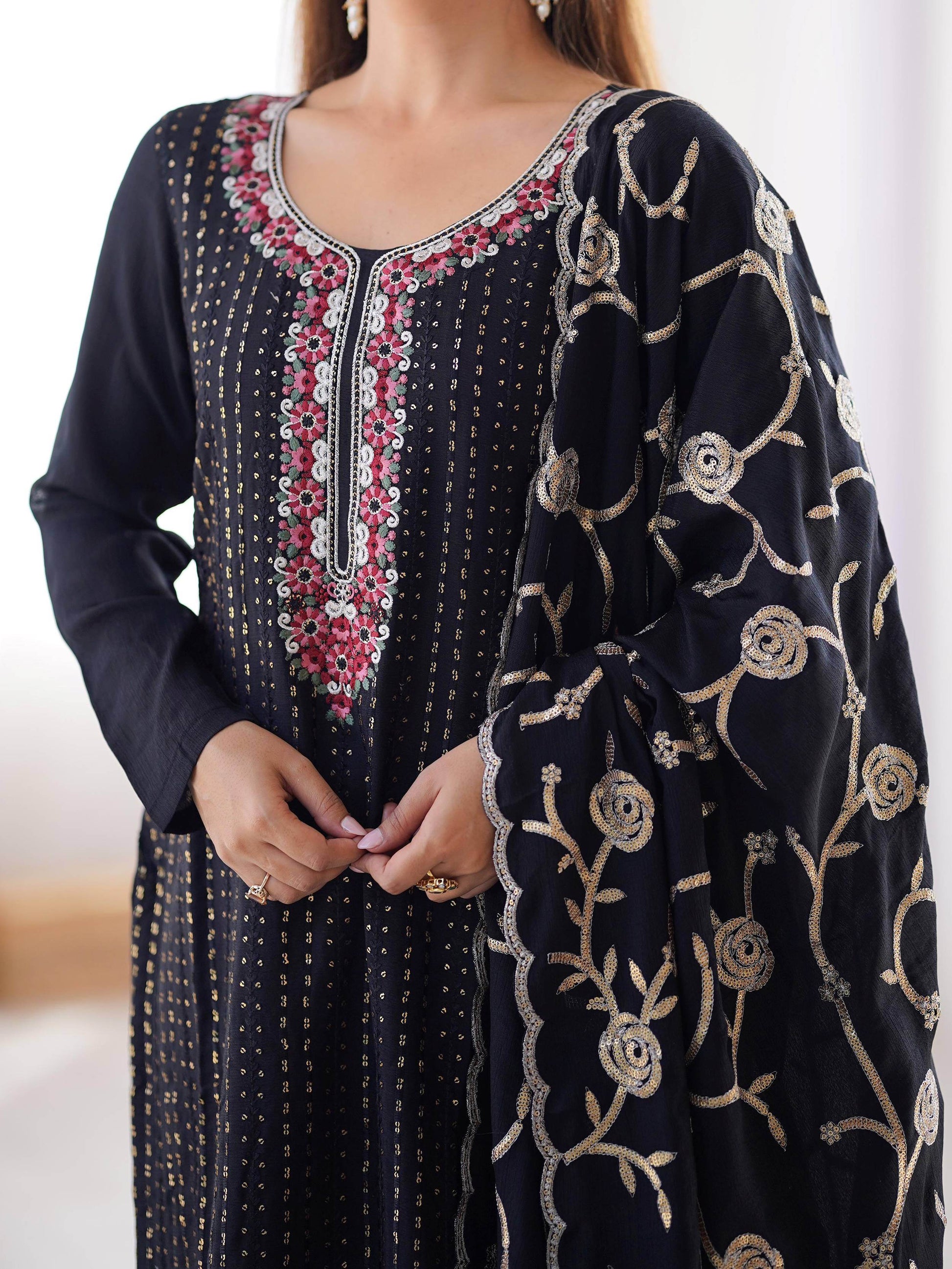 Rich Black Sequins Chinon Festive Wear Pant Suit With Dupatta - Zeel Clothing