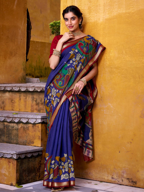 Rich Blue Kalamkari Print Chanderi Silk Traditional Saree With Blouse