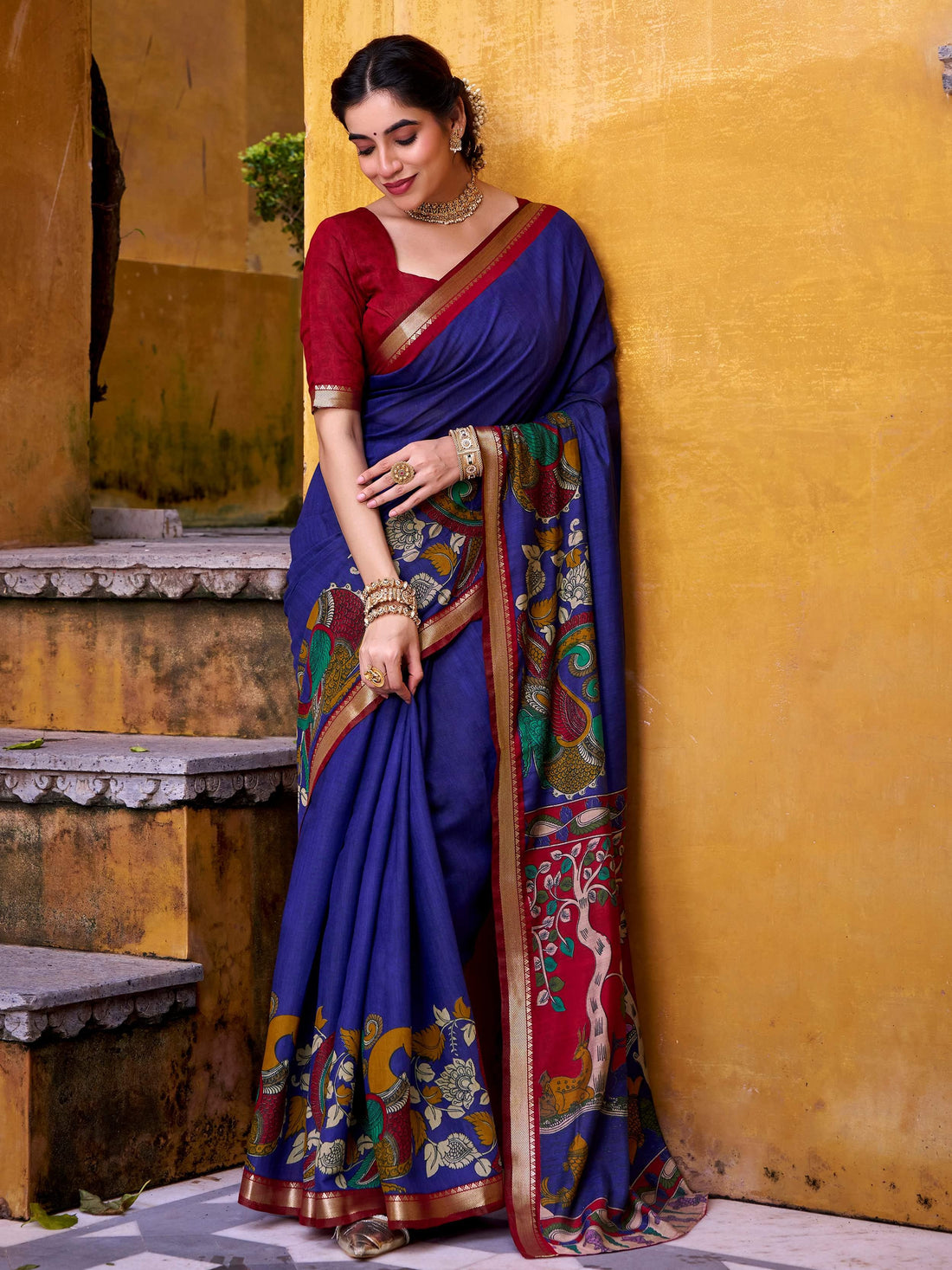 Rich Blue Kalamkari Print Chanderi Silk Traditional Saree With Blouse