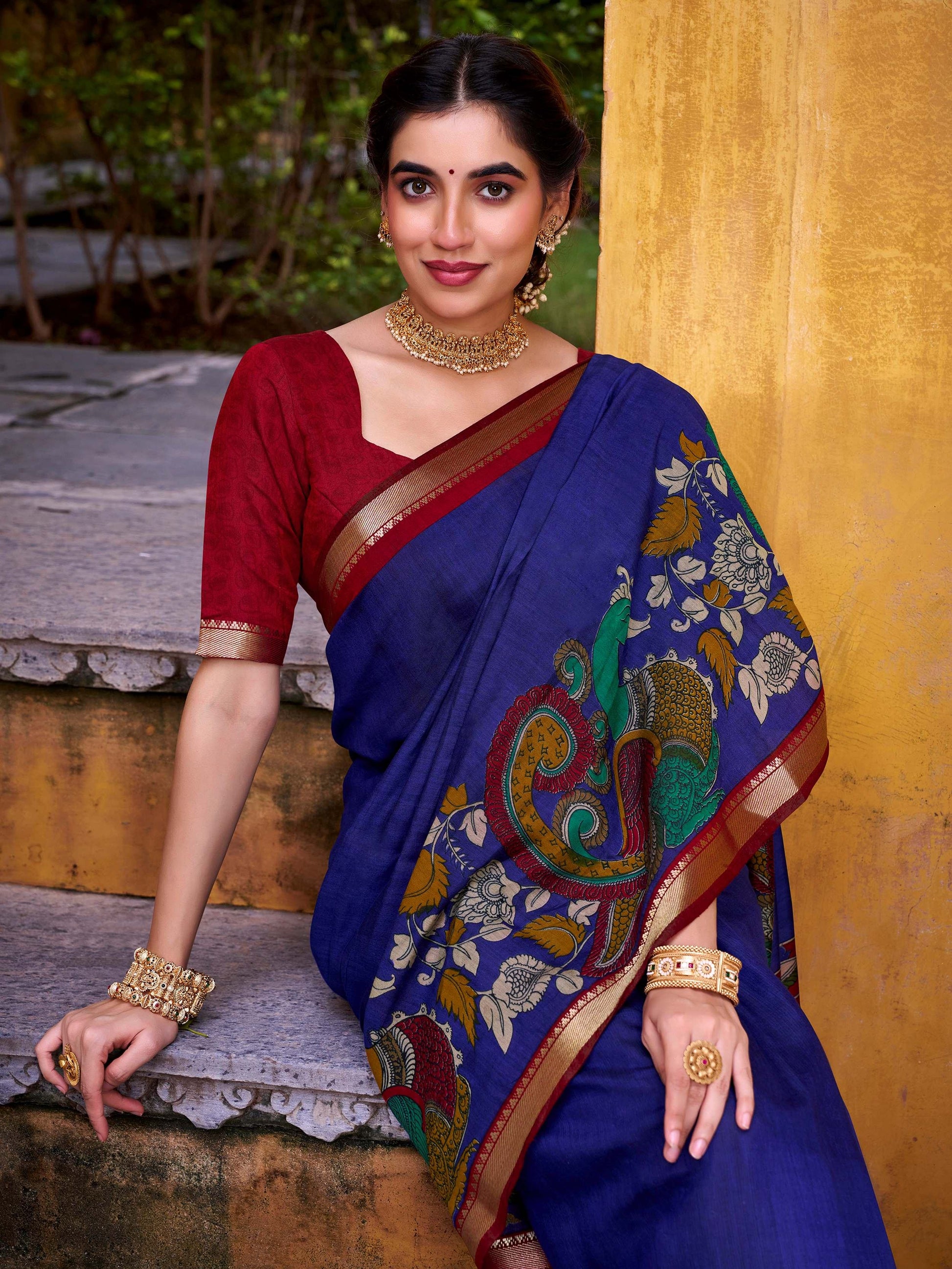 Rich Blue Kalamkari Print Chanderi Silk Traditional Saree With Blouse