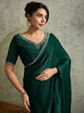 Rich Bottle Green Jarkan Border Work Chiffon Mehendi Wear Saree With Blouse