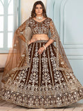 Rich Brown Coding Embroidery Net Sangeet Wear Lehenga Choli With Dupatta - Zeel Clothing