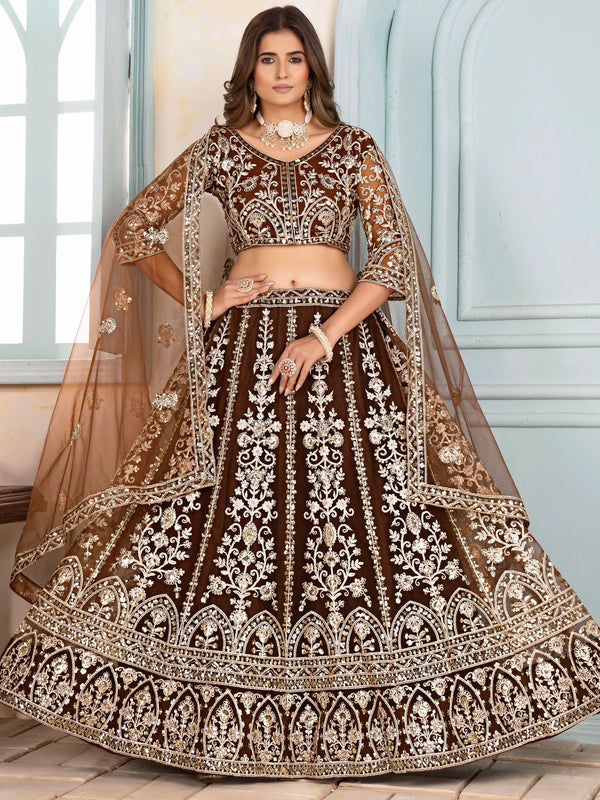Rich Brown Coding Embroidery Net Sangeet Wear Lehenga Choli With Dupatta - Zeel Clothing