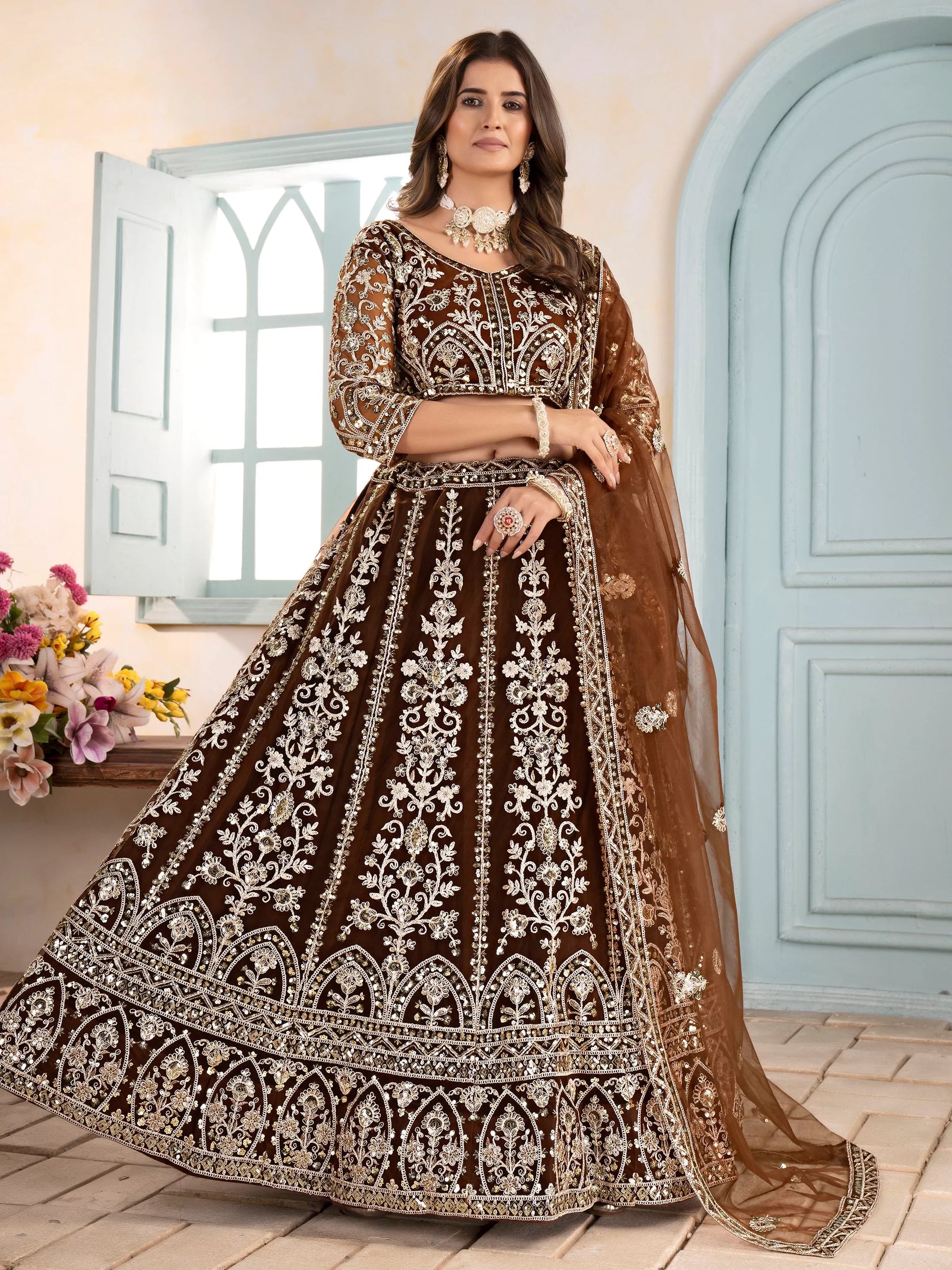 Rich Brown Coding Embroidery Net Sangeet Wear Lehenga Choli With Dupatta - Zeel Clothing