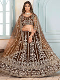 Rich Brown Coding Embroidery Net Sangeet Wear Lehenga Choli With Dupatta - Zeel Clothing