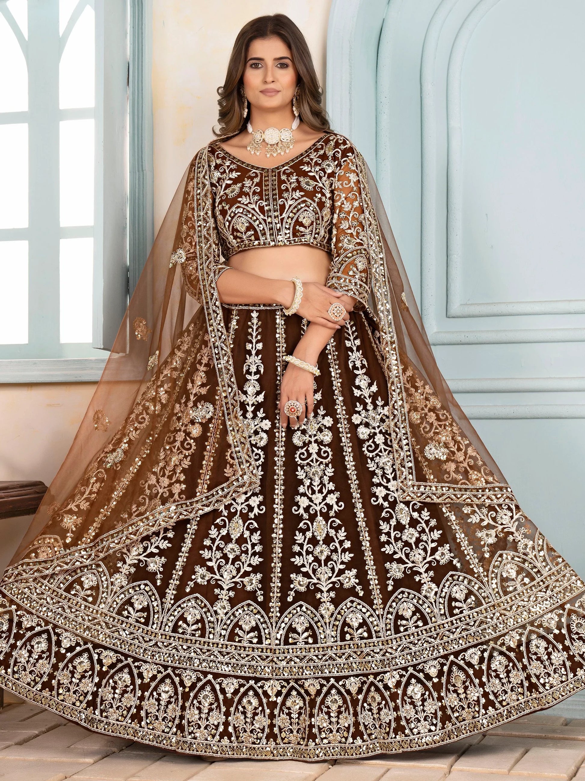 Rich Brown Coding Embroidery Net Sangeet Wear Lehenga Choli With Dupatta - Zeel Clothing