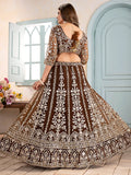Rich Brown Coding Embroidery Net Sangeet Wear Lehenga Choli With Dupatta - Zeel Clothing