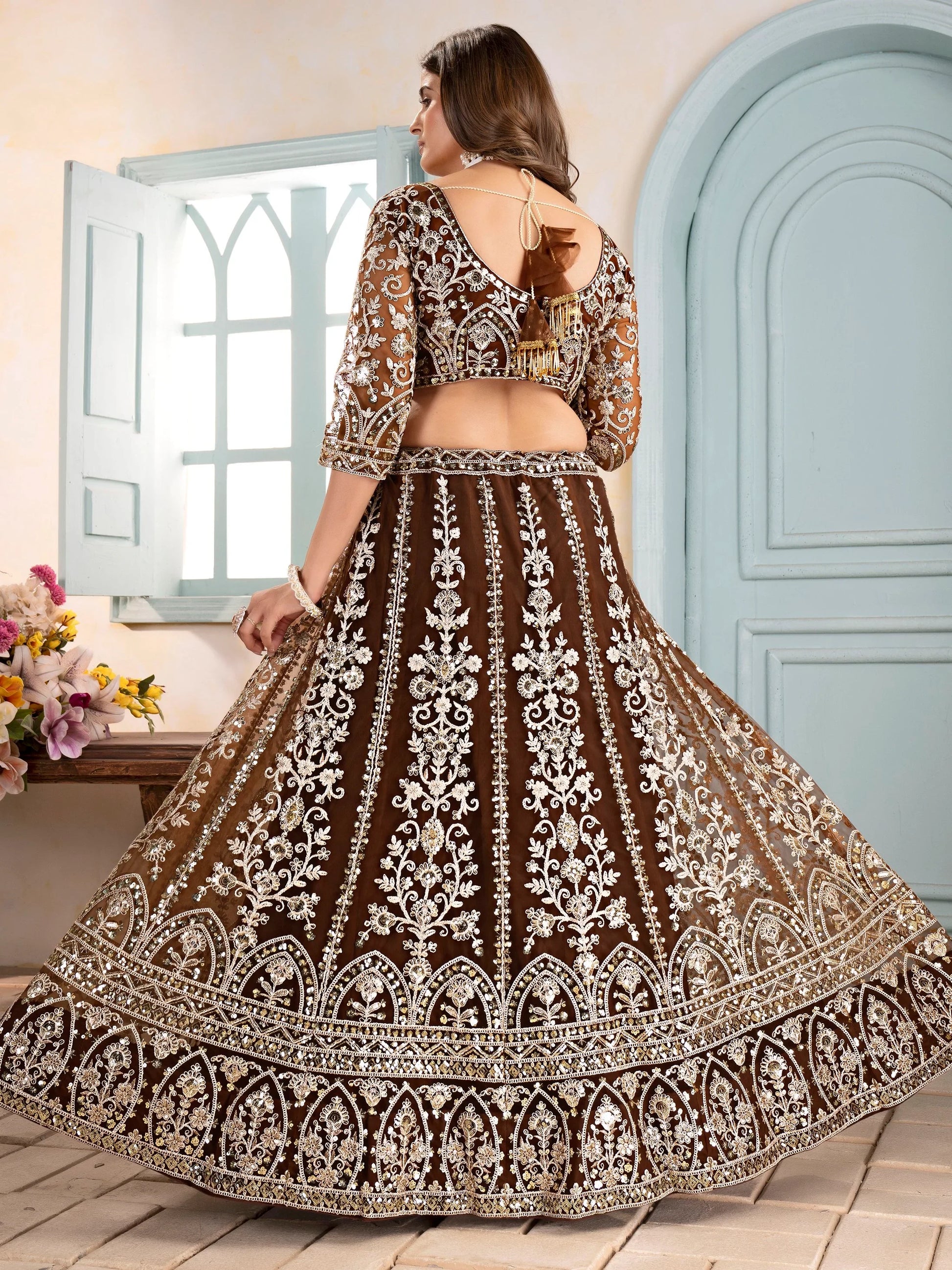 Rich Brown Coding Embroidery Net Sangeet Wear Lehenga Choli With Dupatta - Zeel Clothing
