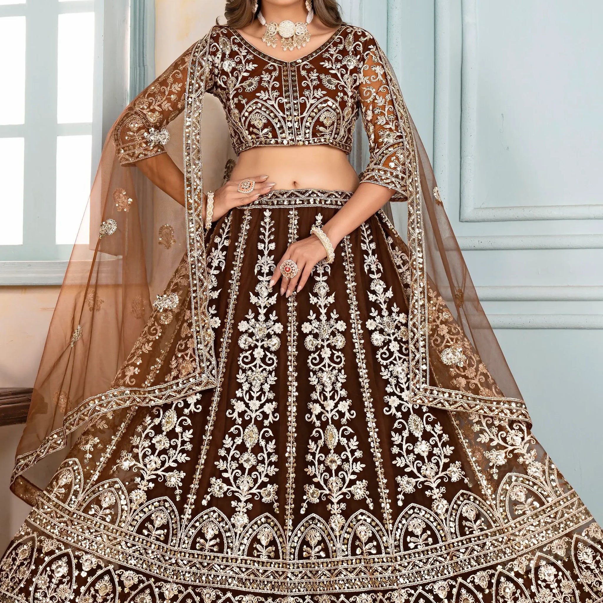 Rich Brown Coding Embroidery Net Sangeet Wear Lehenga Choli With Dupatta - Zeel Clothing
