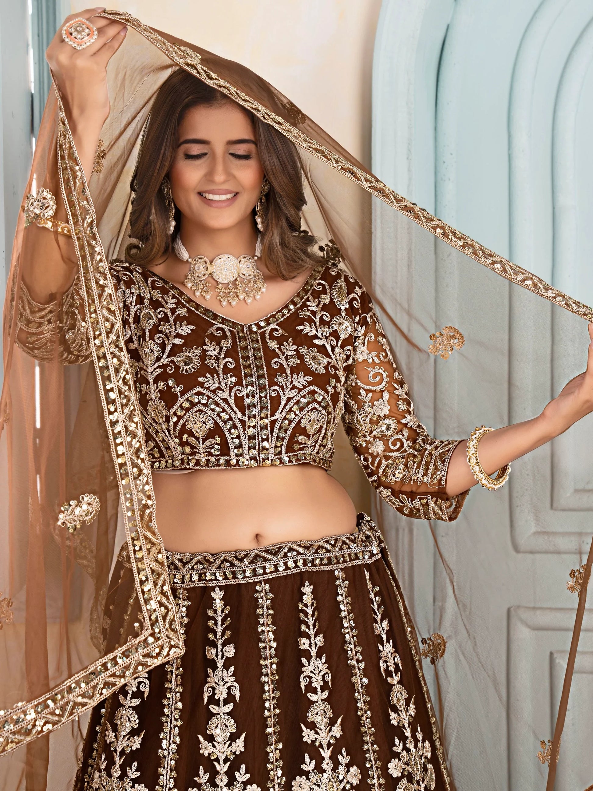 Rich Brown Coding Embroidery Net Sangeet Wear Lehenga Choli With Dupatta - Zeel Clothing