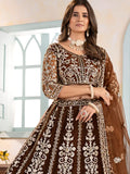 Rich Brown Coding Embroidery Net Sangeet Wear Lehenga Choli With Dupatta - Zeel Clothing