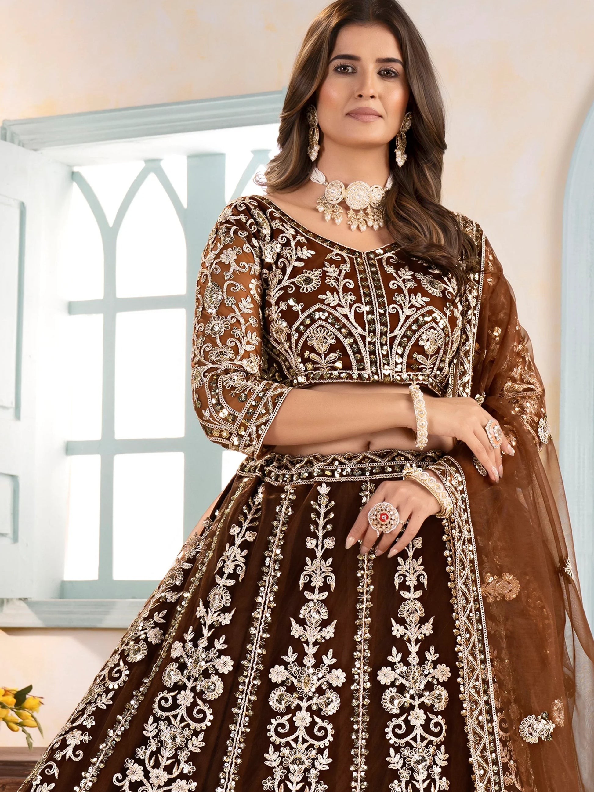 Rich Brown Coding Embroidery Net Sangeet Wear Lehenga Choli With Dupatta - Zeel Clothing